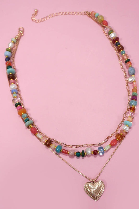 JOSSLYN by wall to wall - MULTI LAYERED BEADED HEART CHARM NECKLACE | 80N1244