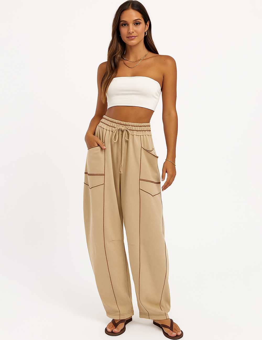 Ladies Contrast Stitching Elastic Waist Drawstring Barrel Pants