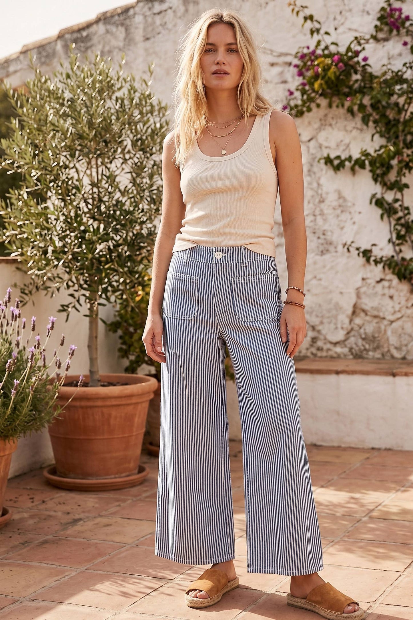Striped Non Stretch Wide Leg Casual Pants