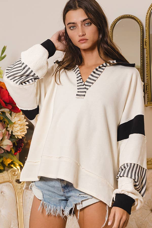 T2004 French Terry Knit Color-block Collared Loose Fit Top