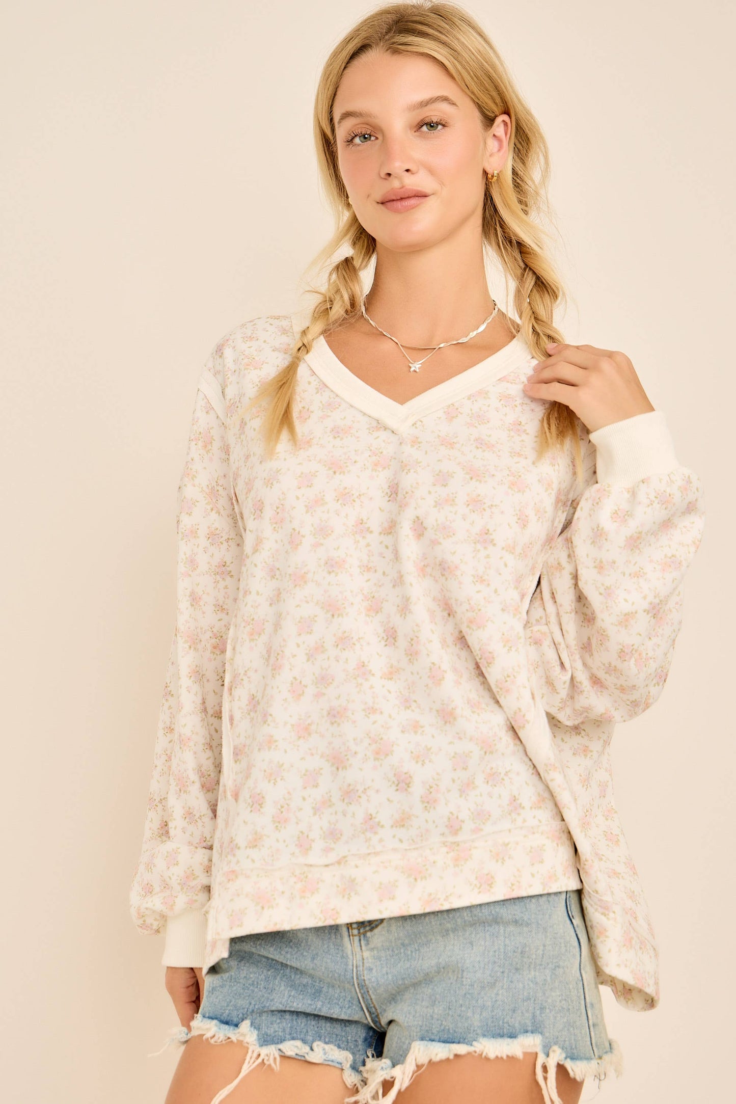 Oversized Floral Print V-Neck Long Sleeve Sweatshirt