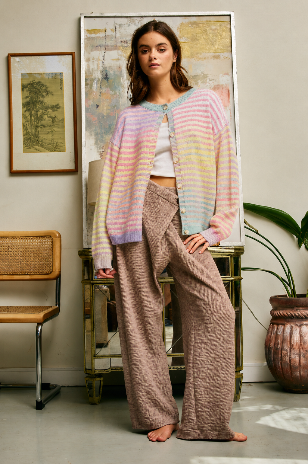 BUCKETLIST INC - IT3002 Space-Dye Striped Button-Down Cardigan