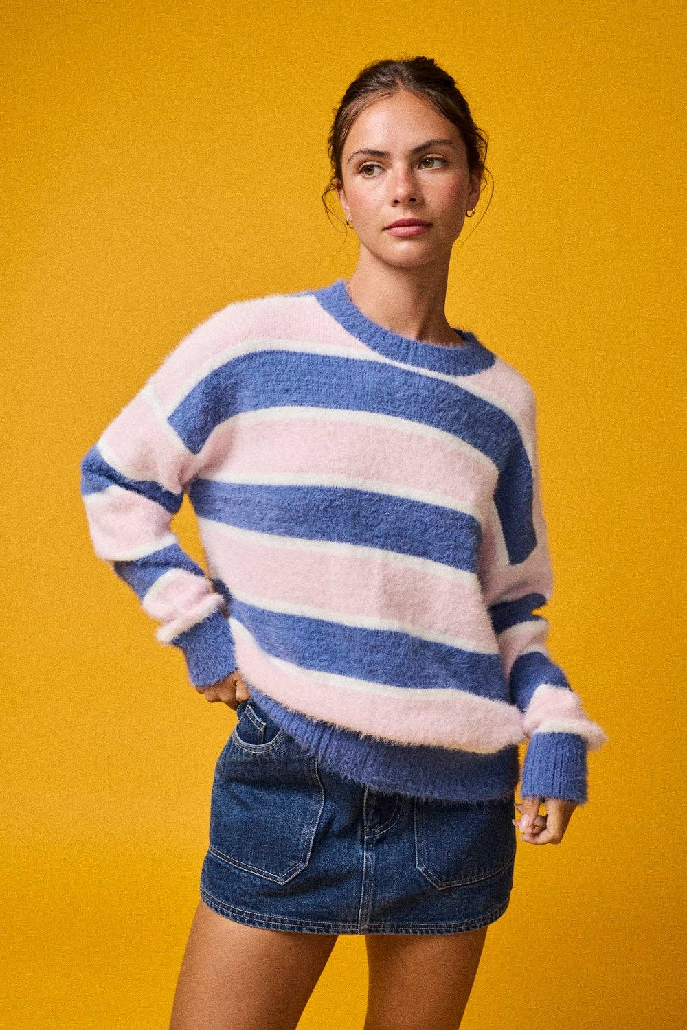 PT19021 - Loose Fit Striped Fuzzy Knit Sweater Top