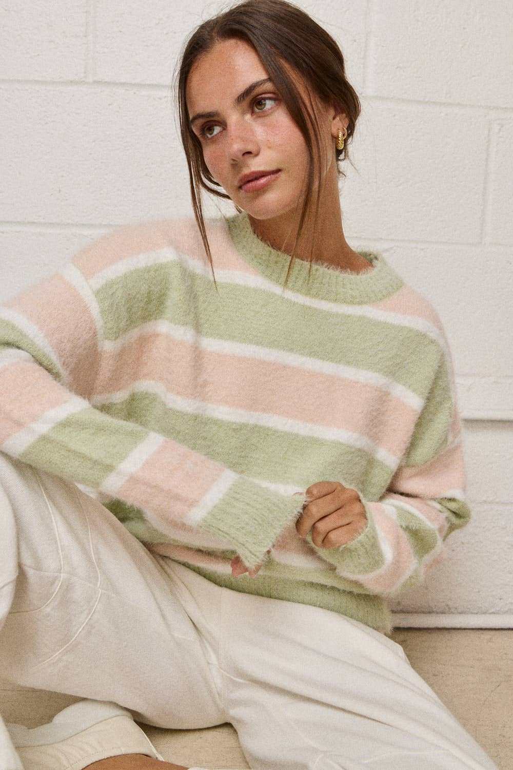 PT19021 - Loose Fit Striped Fuzzy Knit Sweater Top