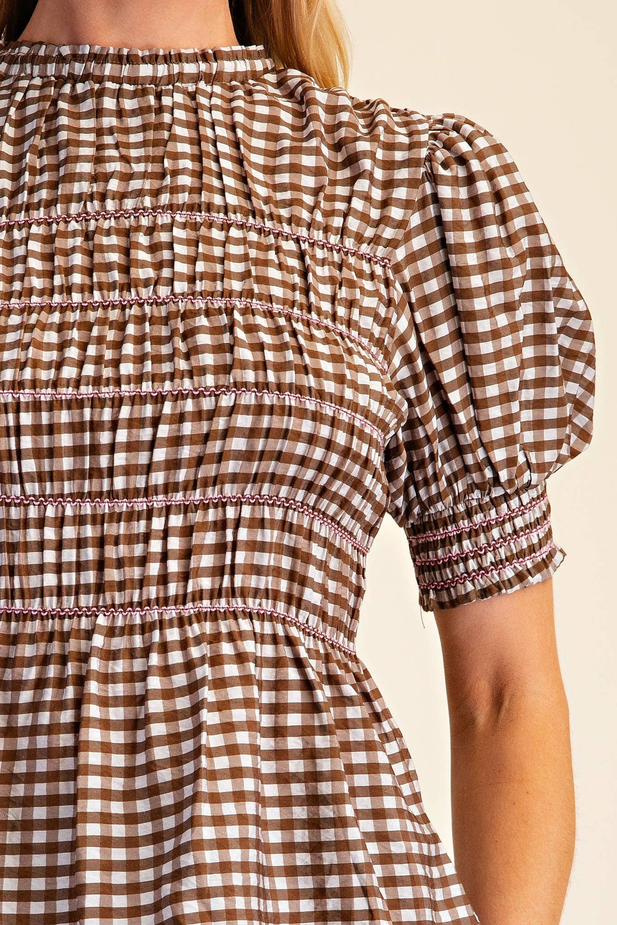 Glam - Plaid Smocked Puff Sleeve Shirt