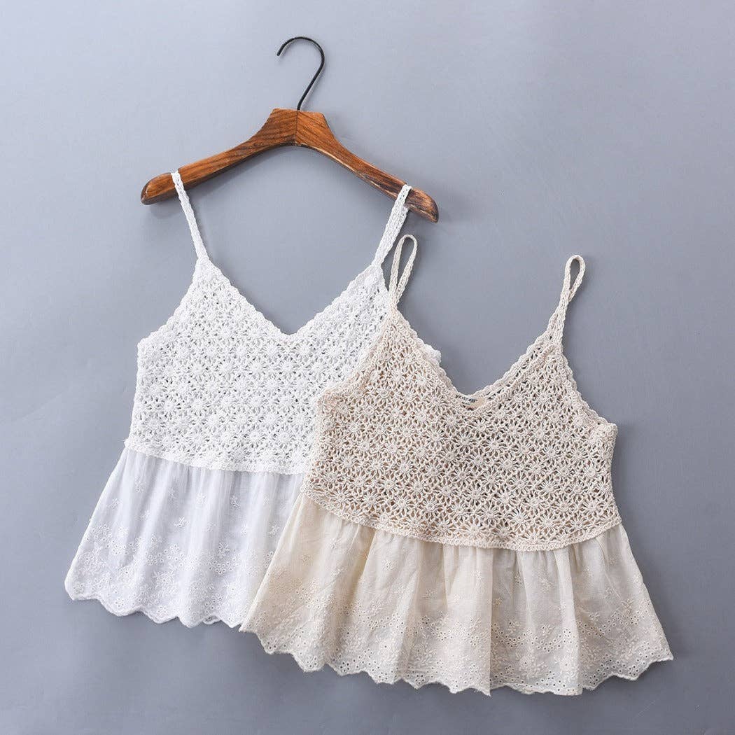 Funkyrel® Atzbranding Limited - Vesty - Lace-Knit V-Neck Cami Top - White & Beige