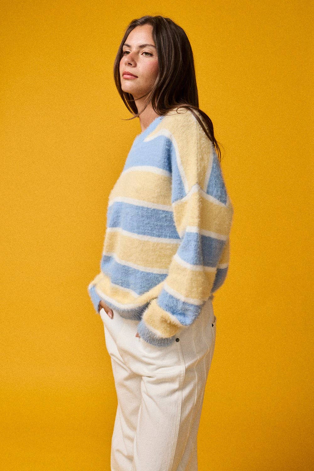 PT19021 - Loose Fit Striped Fuzzy Knit Sweater Top