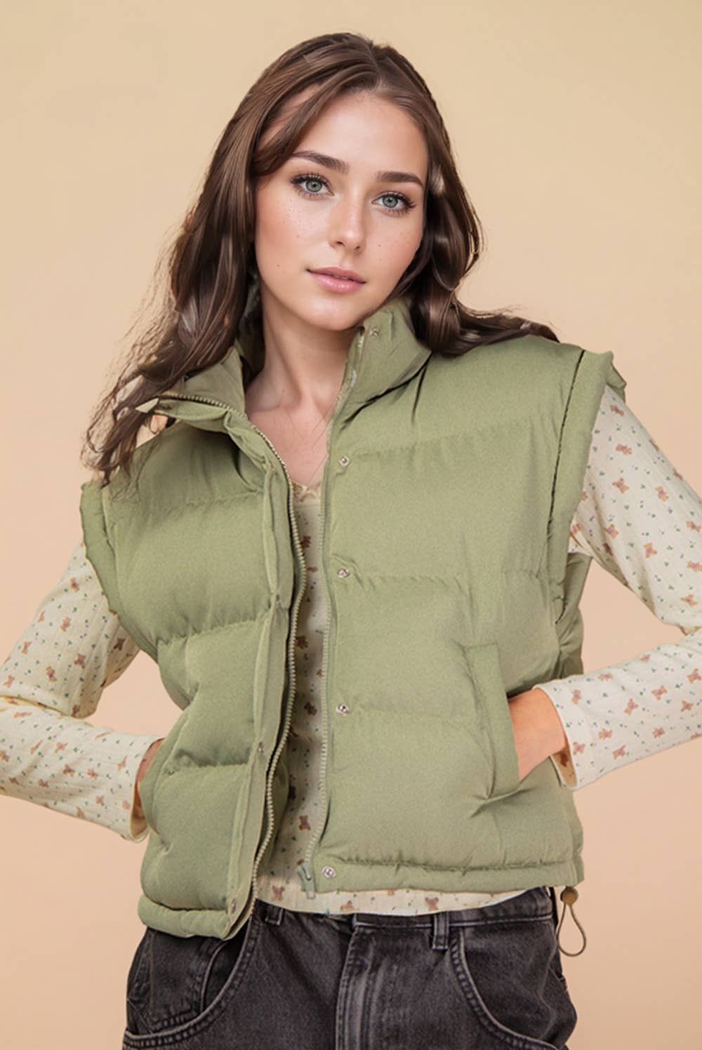 NJ90283-Mock Neck Casual Puffer Vest