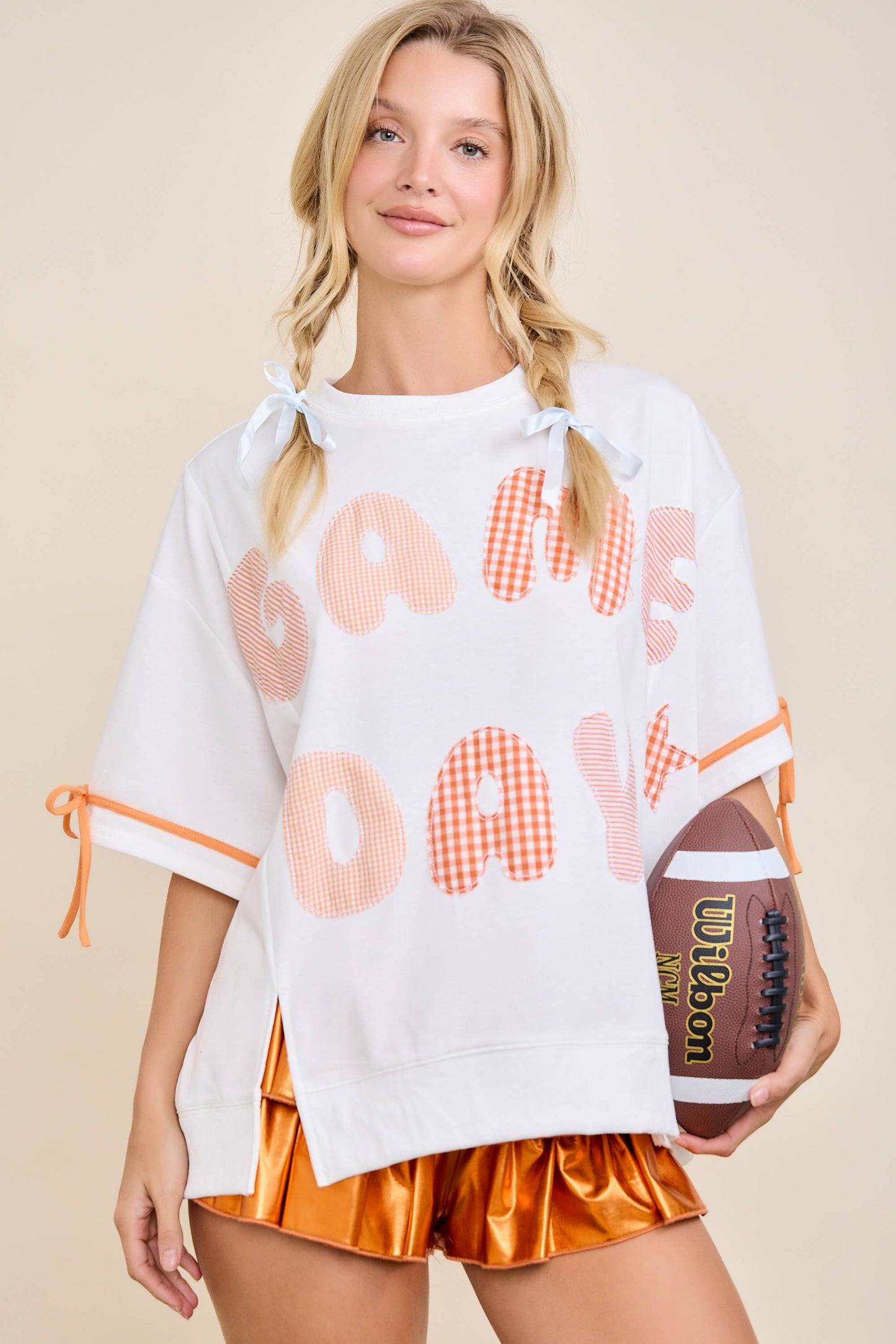 Main Strip - Game Day Patchwork Boxy Top – Ribbon Sleeve Western Style