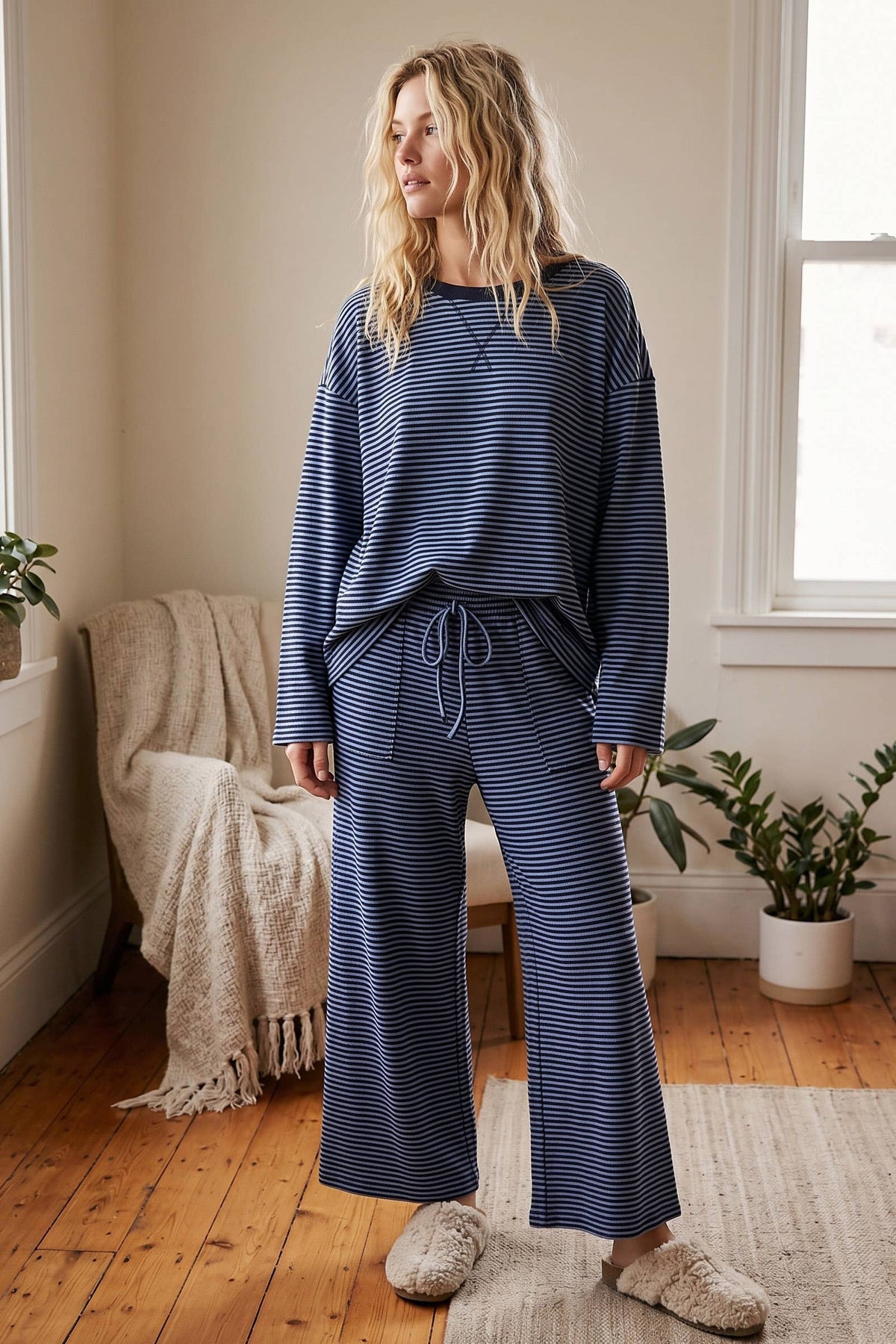 Striped Relaxed Top & Wide Leg Pants Knit Set