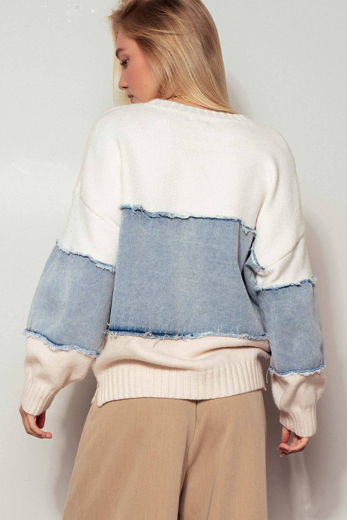 Colorblock Distressed Denim Patchwork Knit Sweater