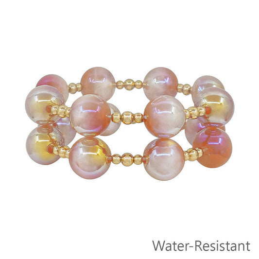 What's Hot - Set of 2 Gold Beaded with Champagne "Candy" 16mm Beaded Stretch Bracelets