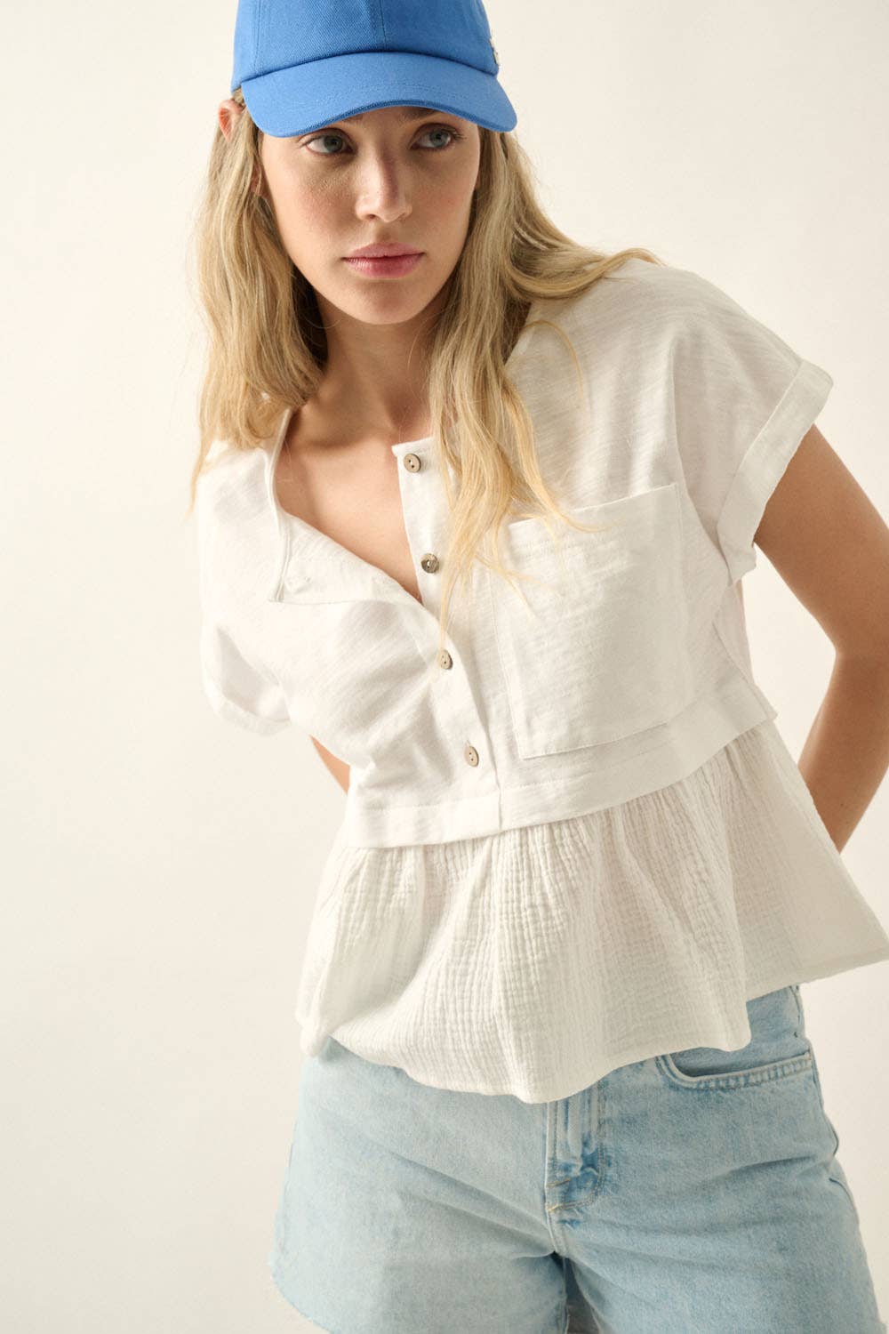 Slub Knit Crinkle Cotton Half-Button Babydoll Top
