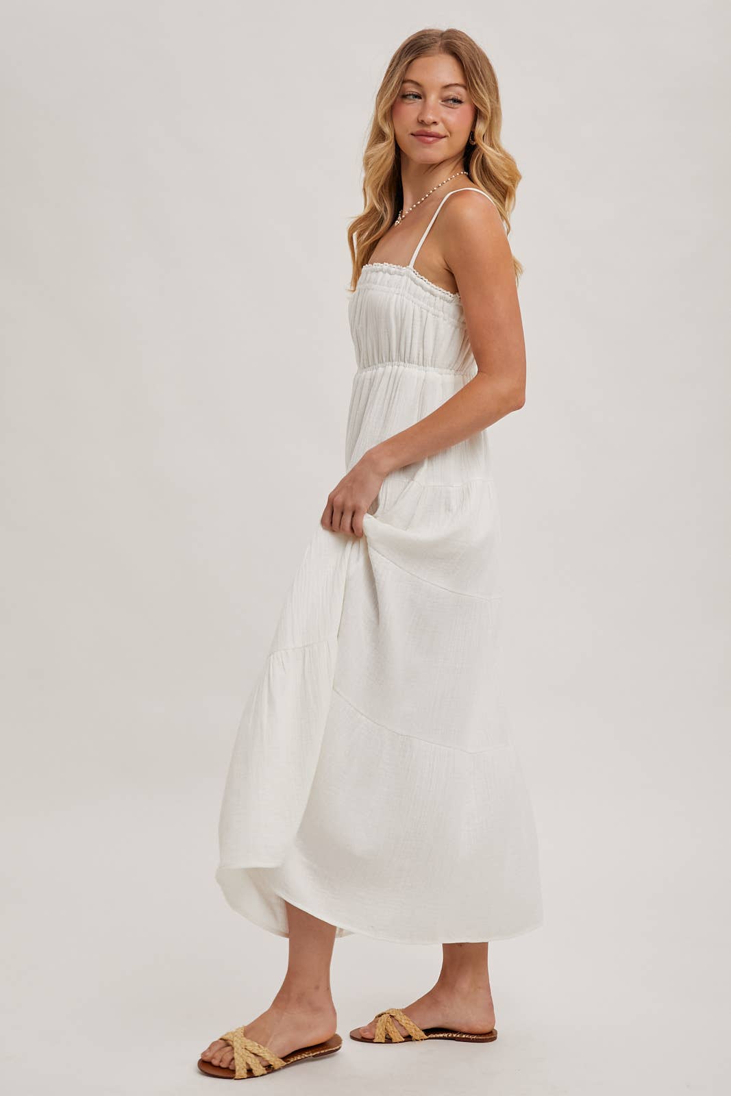 SMOCKED RUFFLE TRIM TIERED MAXI SUNDRES