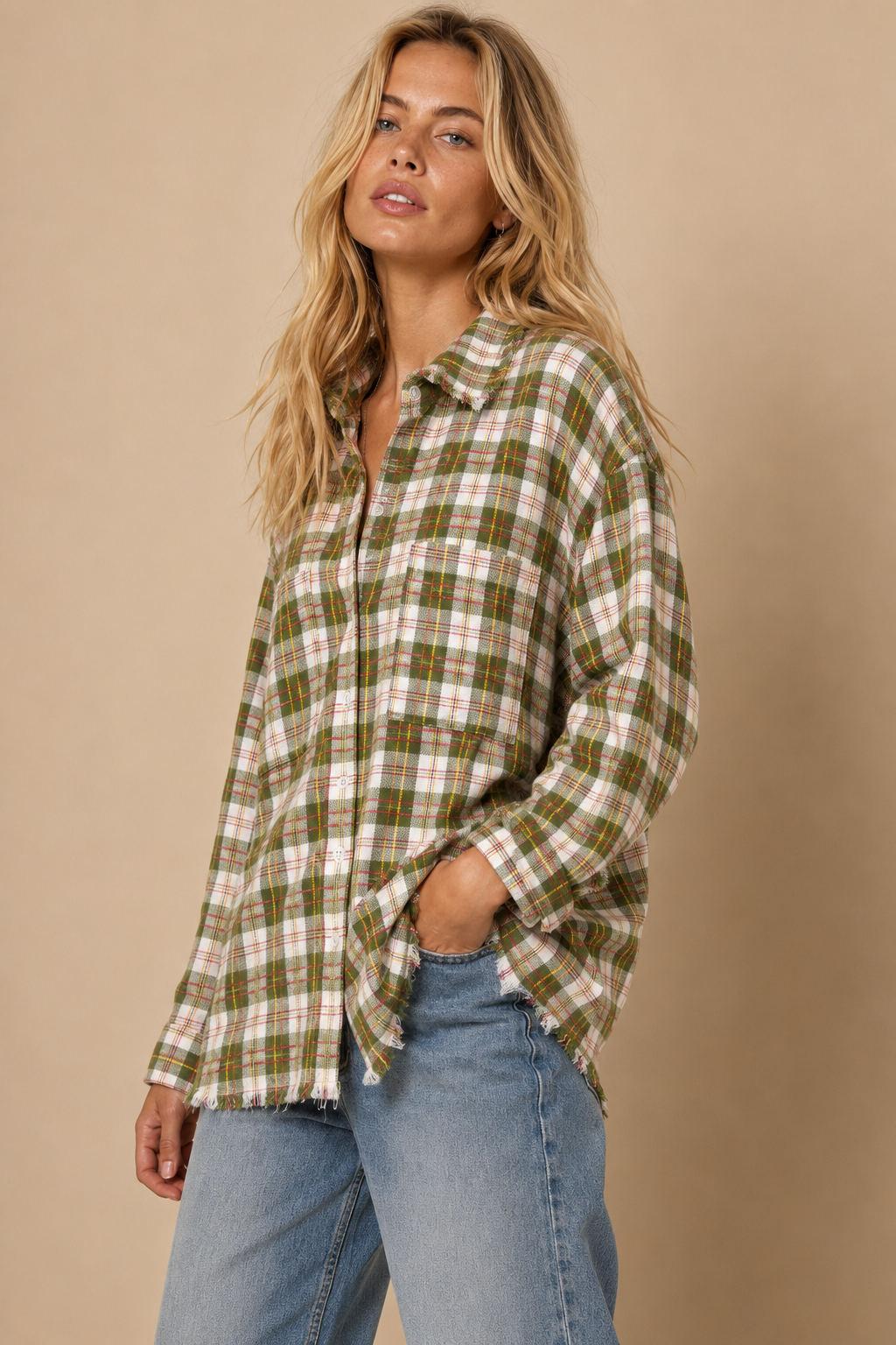 J.NNA - Frayed Hem Plaid Oversized Flannel Button-Down Shirt