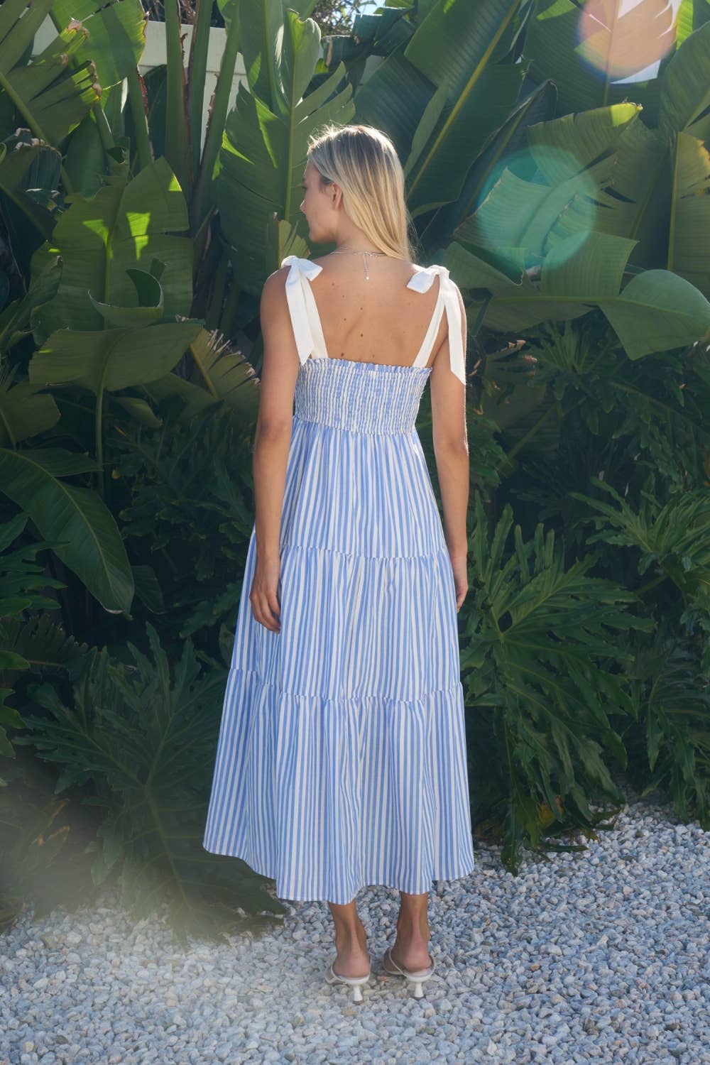 Dottie Dottié Garage - Blue Stripe Smocked Tie Strap Tiered Midi Dress