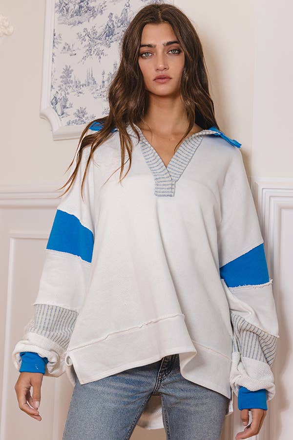 T2004 French Terry Knit Color-block Collared Loose Fit Top