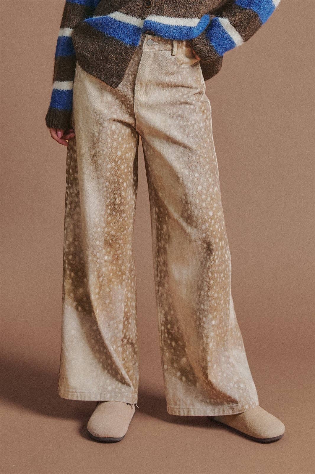 Urban Daizy - Deer Spot Print Wide Leg Cotton Twill Pants
