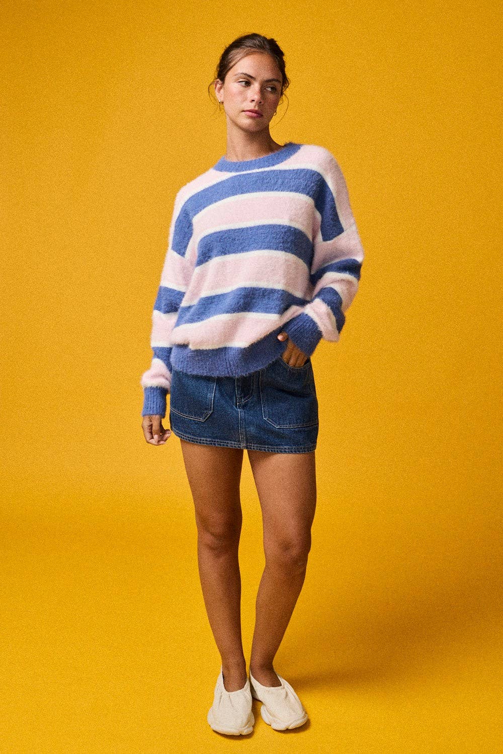 PT19021 - Loose Fit Striped Fuzzy Knit Sweater Top