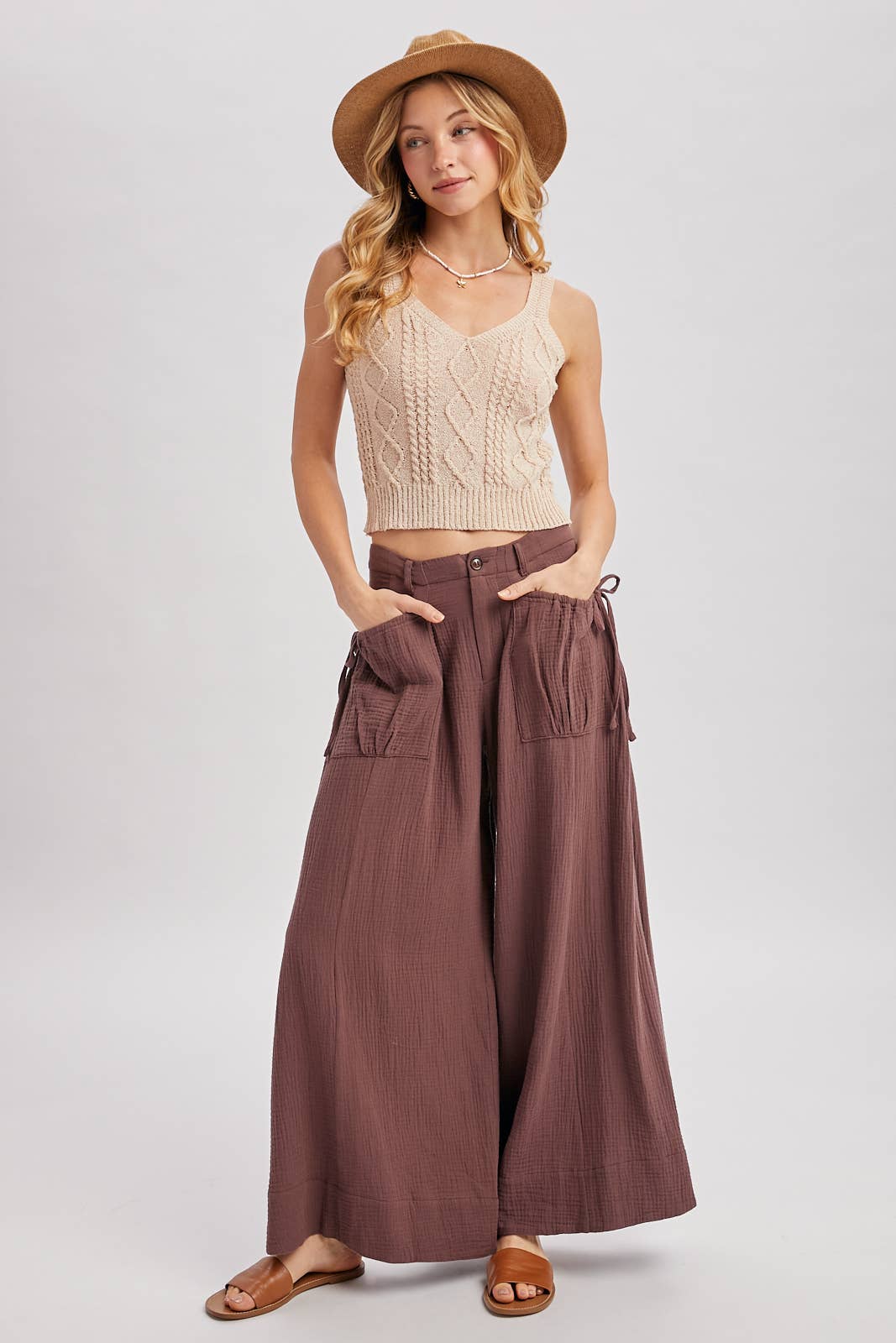 Bluivy - DRAWSTRING PATCH POCKETS WIDE LEG PANTS