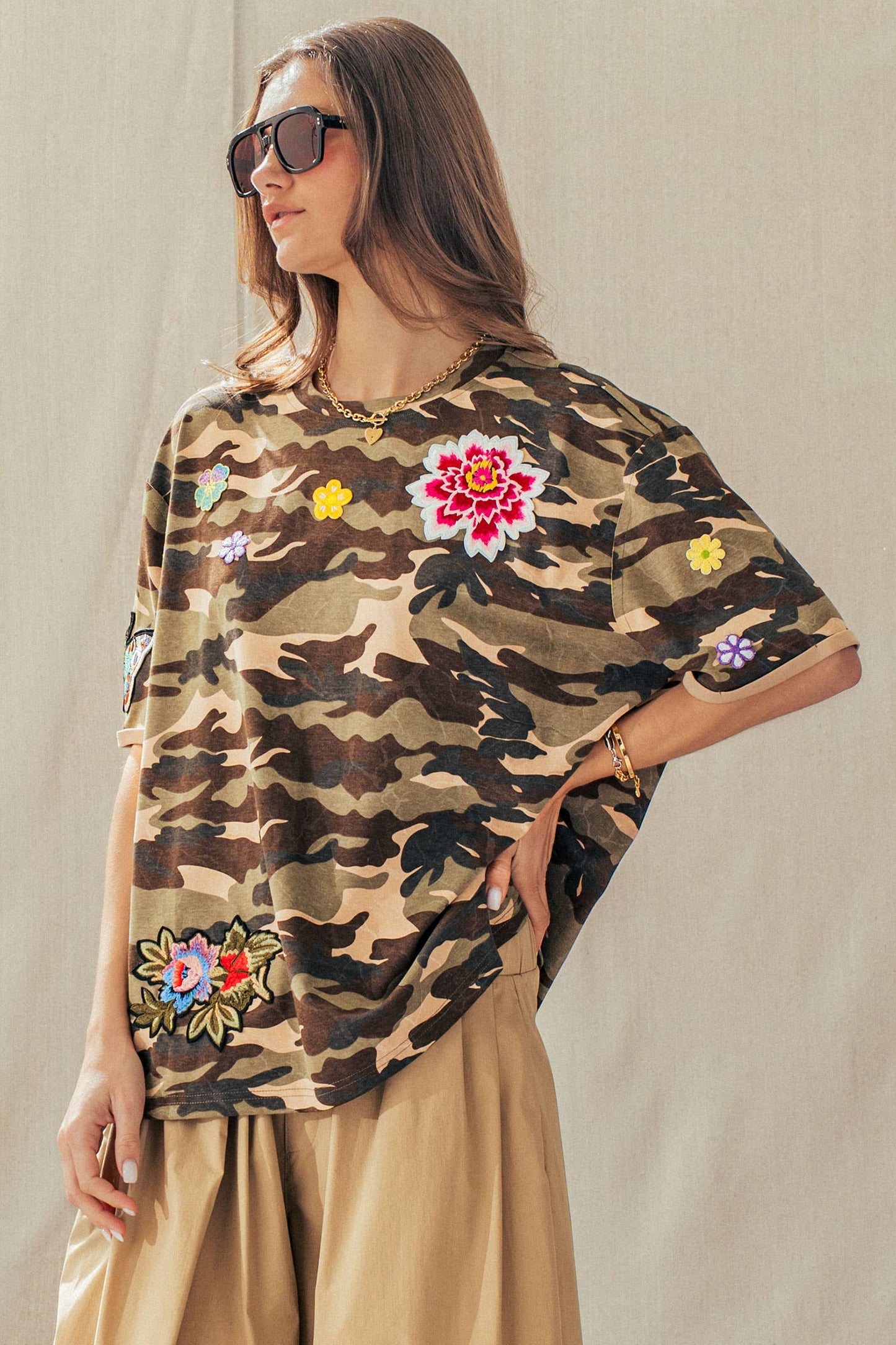 Camo Floral Patch Oversized Cotton Tee