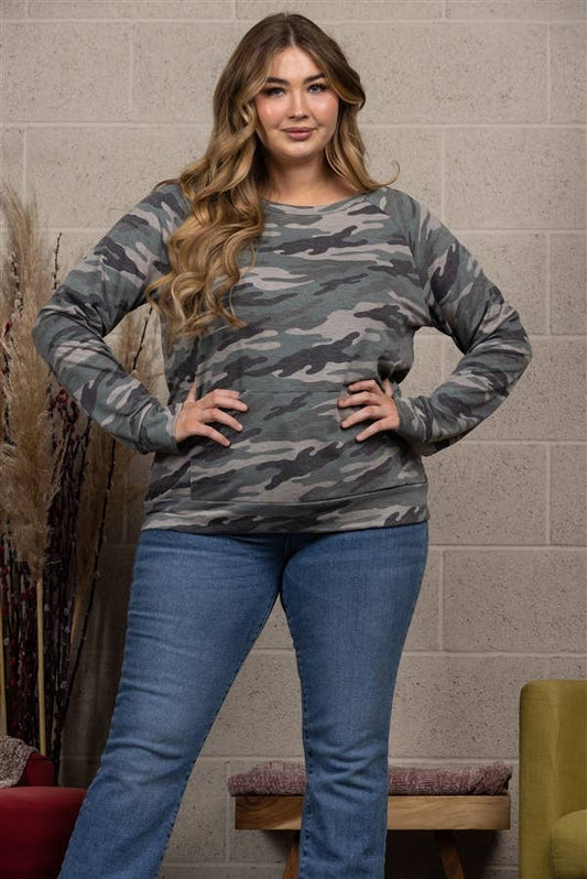 MILITARY PRINT PULLOVER PLUS SIZE TOP T7571PLB