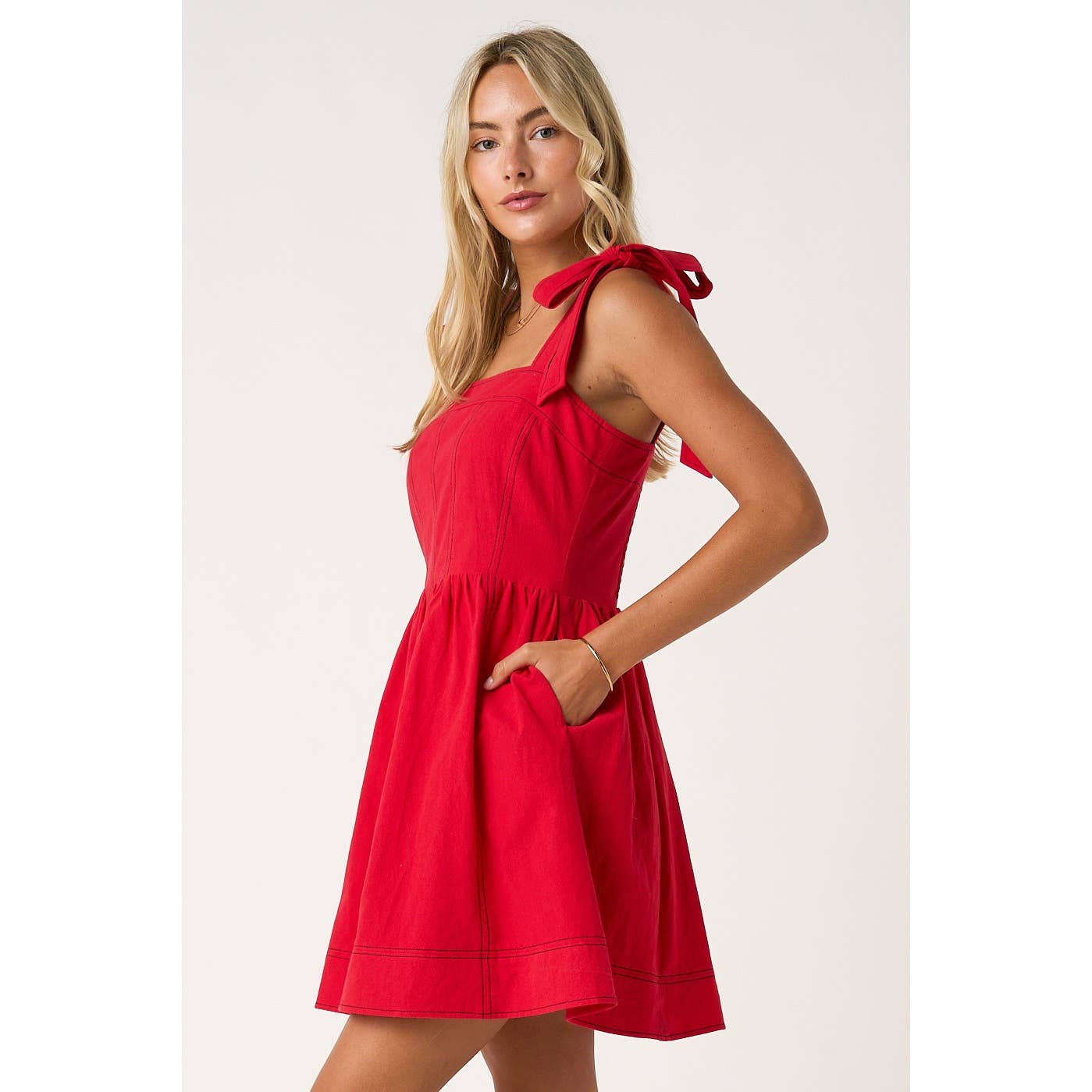 GAME DAY CONTRAST STITCH TIE SHOULDER MINI DRESS