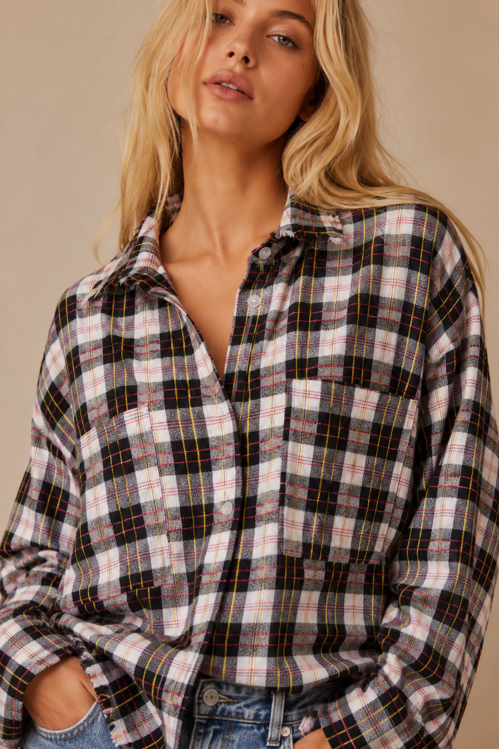 J.NNA - Frayed Hem Plaid Oversized Flannel Button-Down Shirt