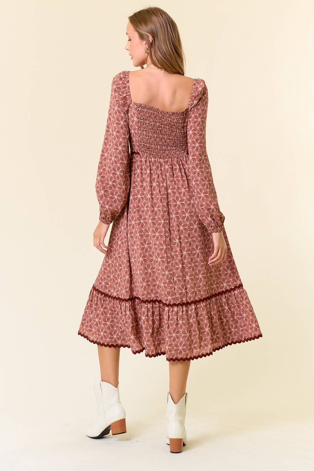 Floral Square Neck Lace Tiered Midi Dress - 27847D