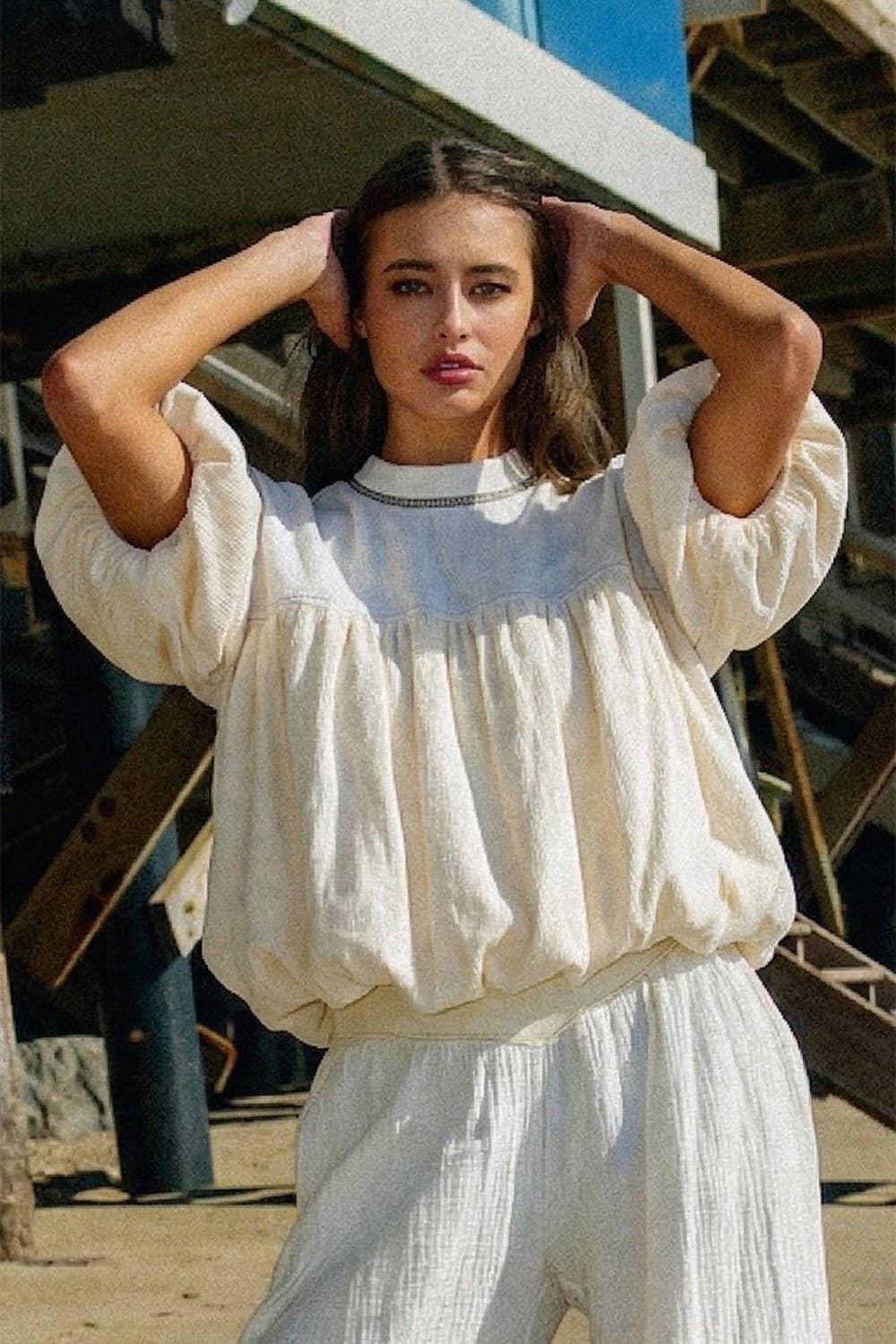 BUCKETLIST INC - T2965 Ruffle Sleeve & Hem Contrast Detail Crop Top