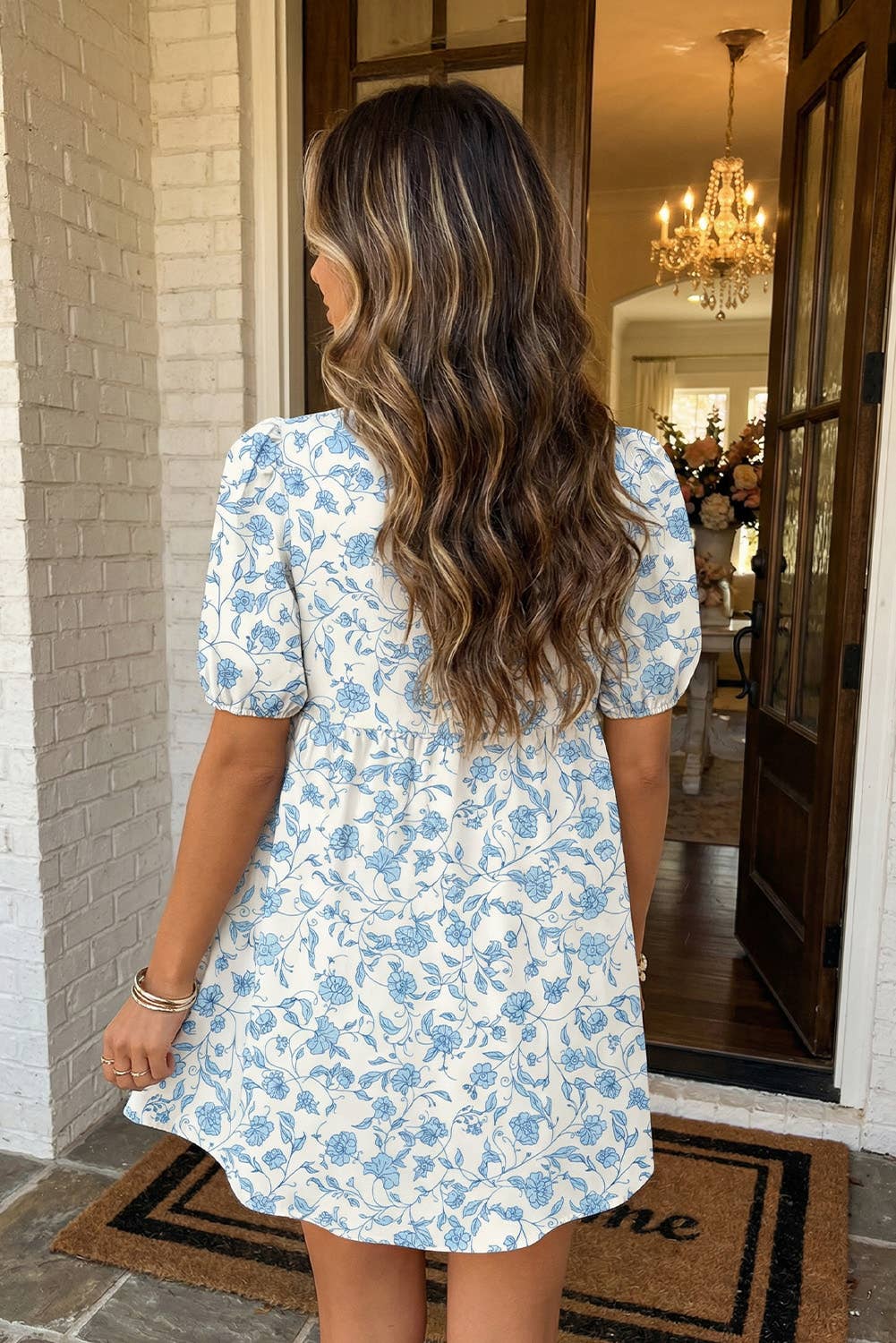Floral Contrast Bow Puff Sleeve Mini Dress
