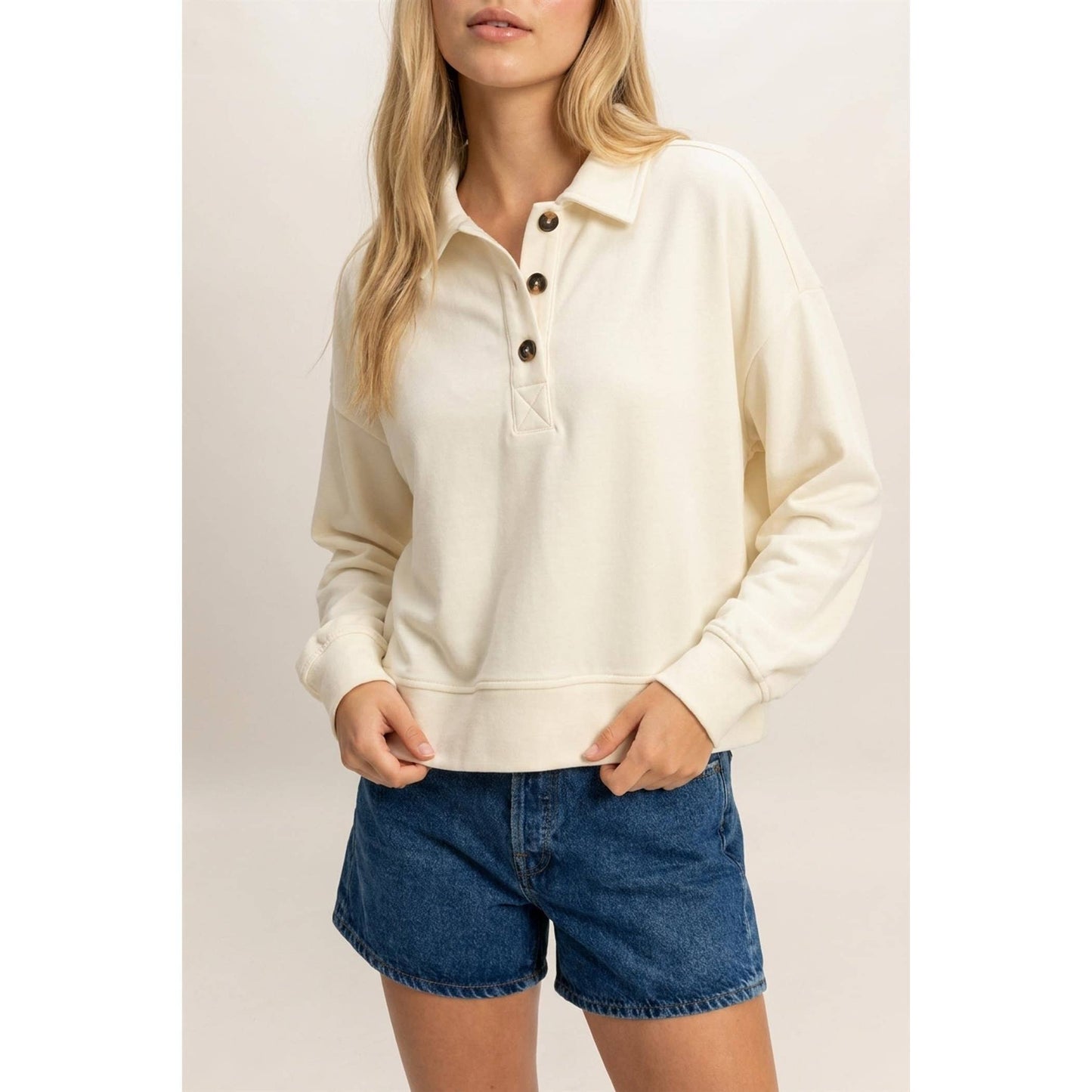 Double Zero - Washed Button-Front Collared Sweatshirt