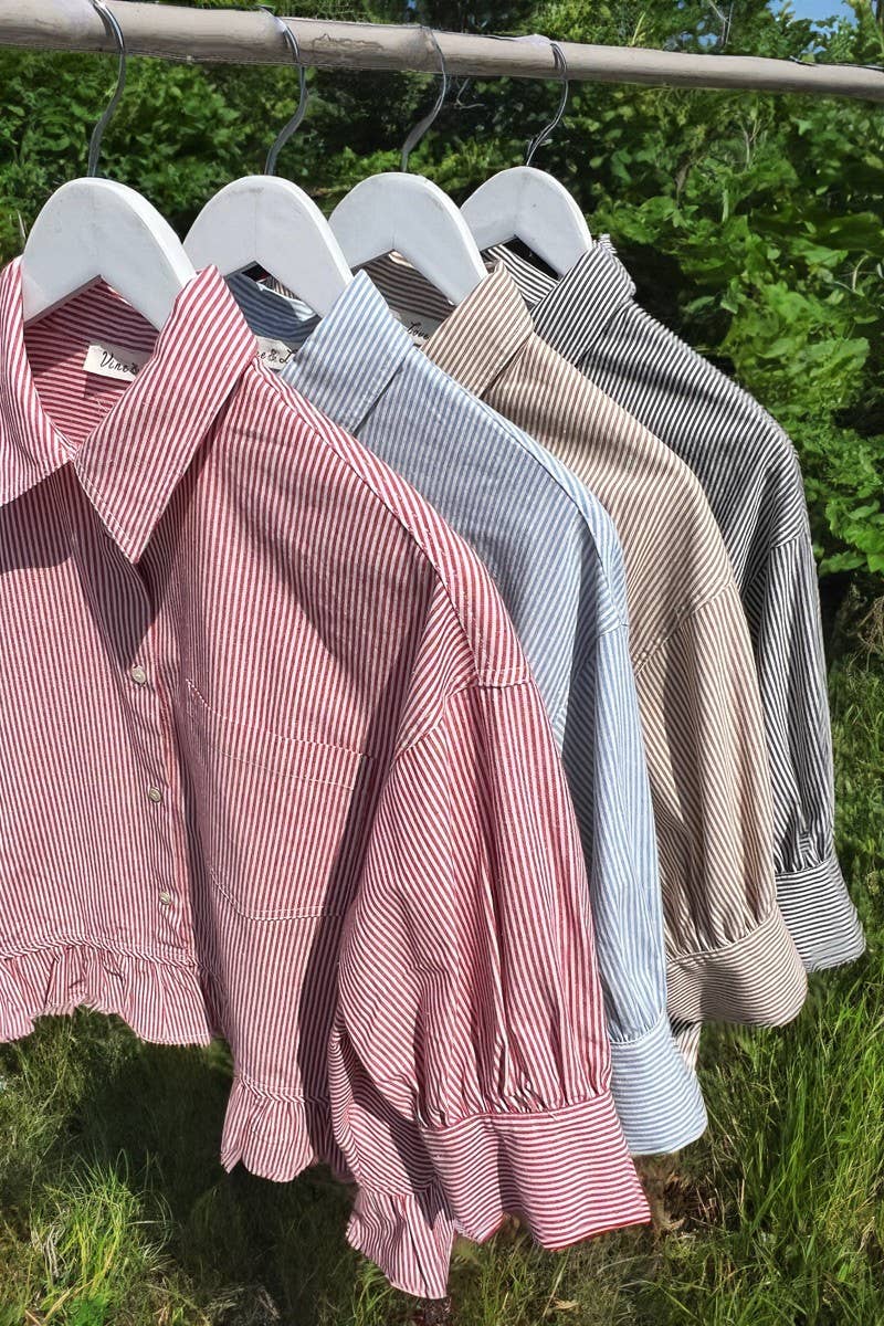 Pocket Detail Ruffle Hem 100%Cotton Striped Shirt VT82772A