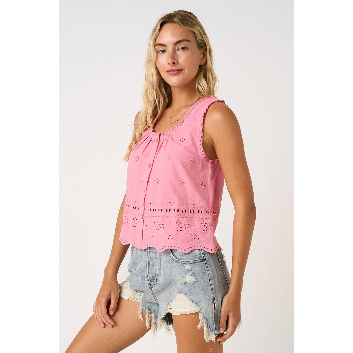mittoshop - EMBROIDERED EYELET BUTTON FRONT TANK TOP