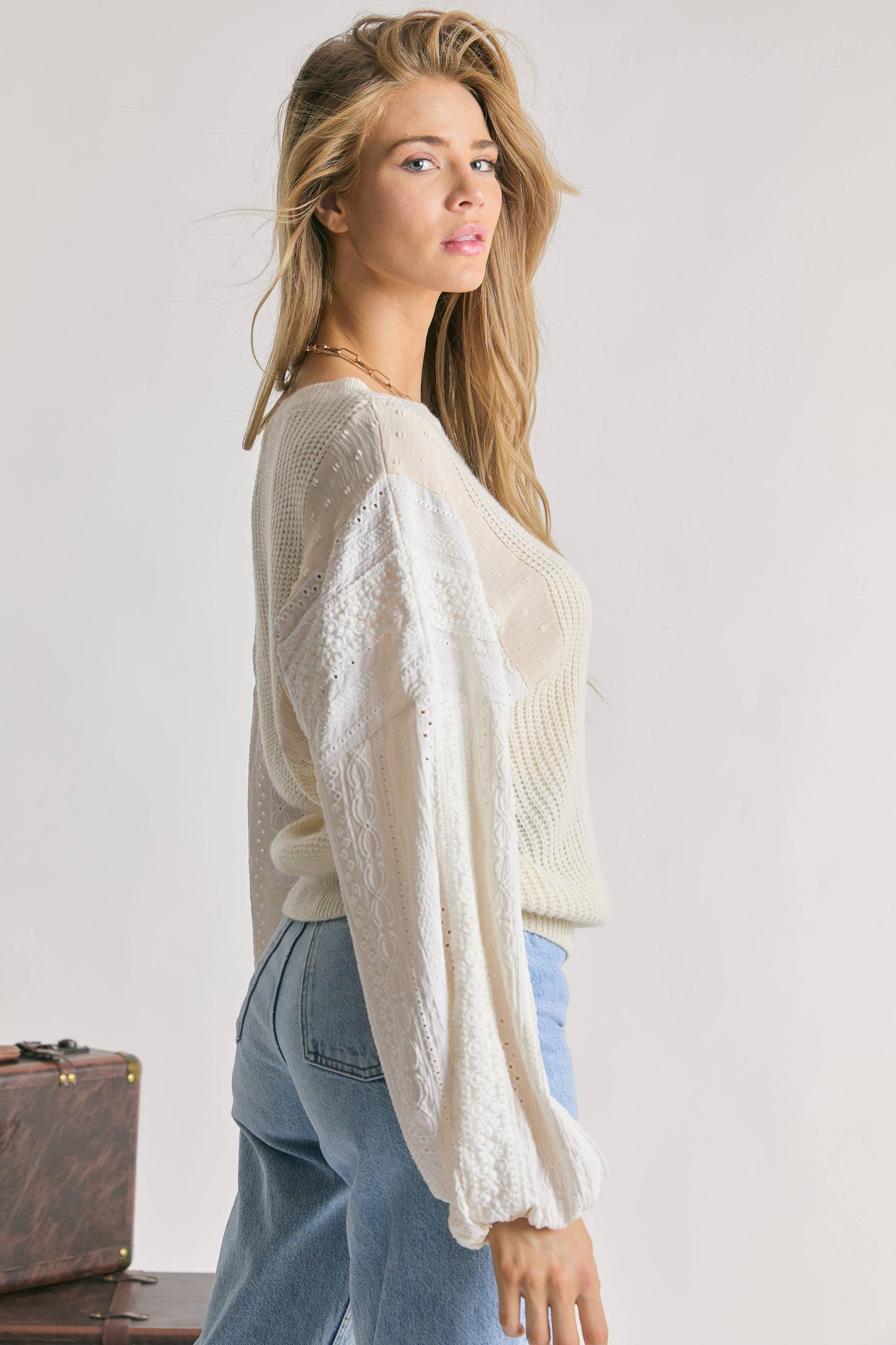 PLUS LACE DETAIL SLEEVE COLOR BLOCK MIXED FABRIC SWEATER PULL OVER TOP