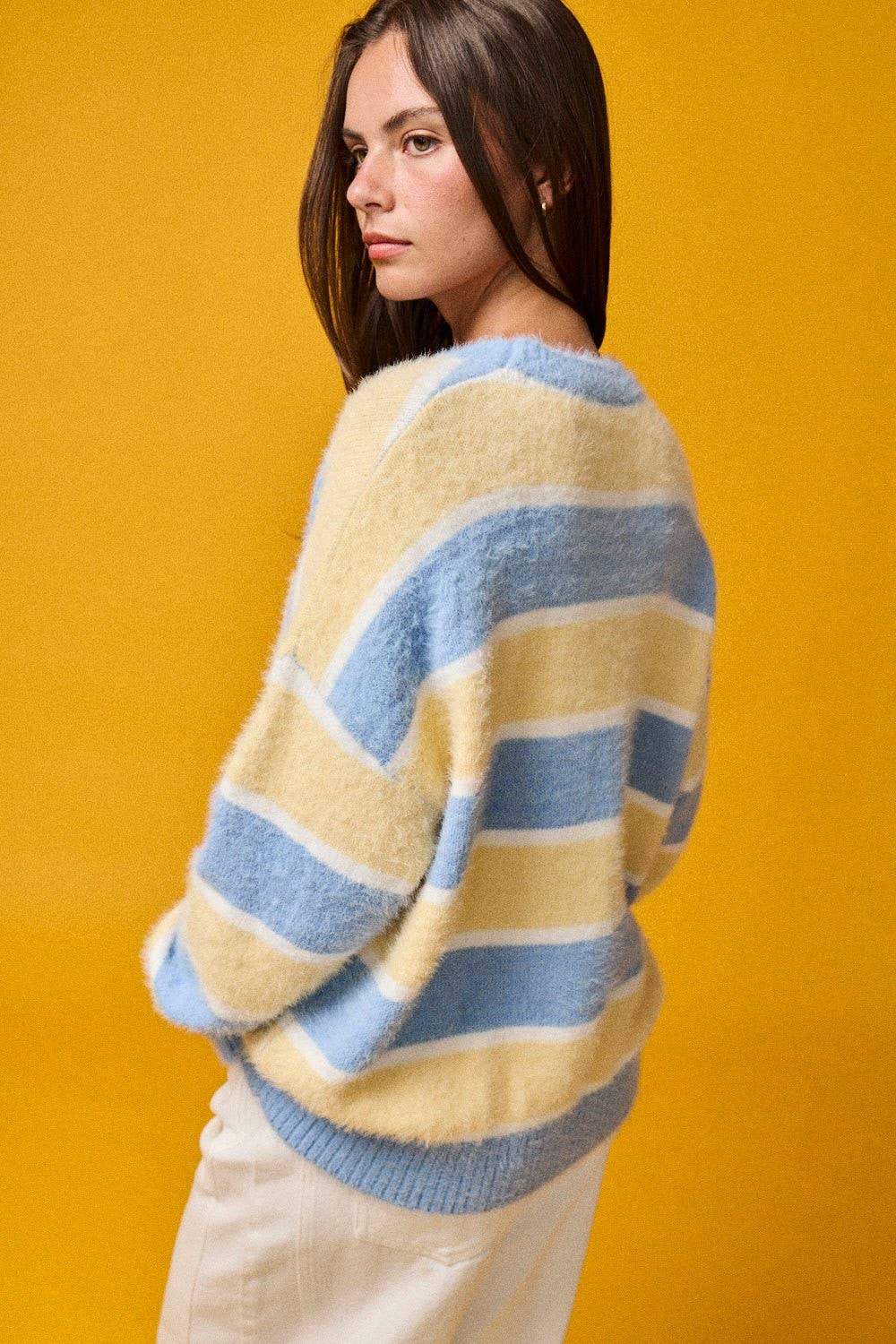 PT19021 - Loose Fit Striped Fuzzy Knit Sweater Top