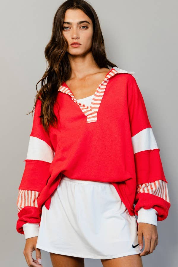 T2004 French Terry Knit Color-block Collared Loose Fit Top