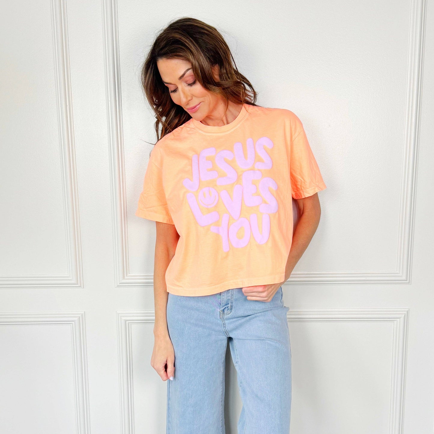 Poppy & Pine - Smiley Jesus Loves You Puff Cropped Tee