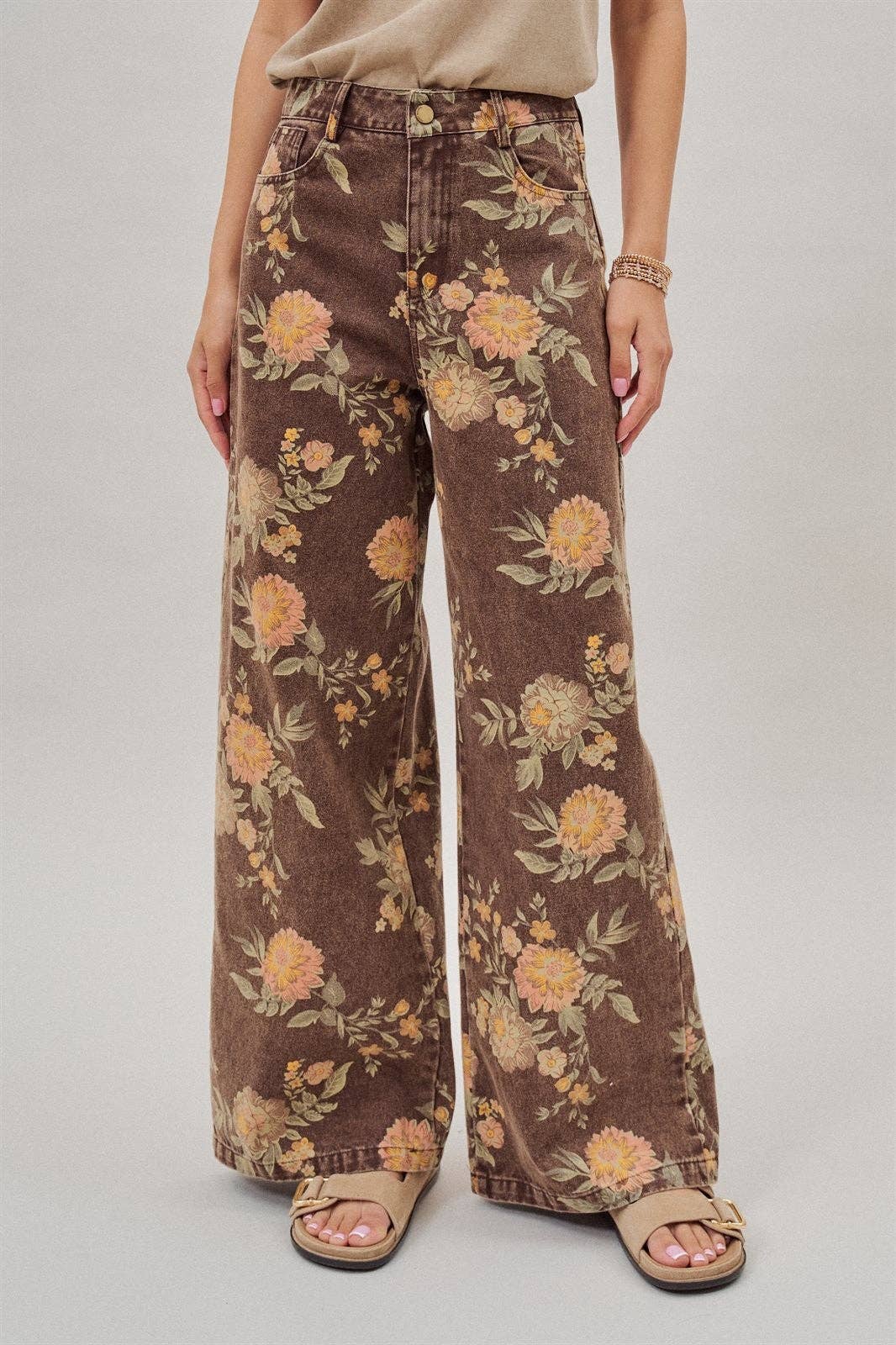 Urban Daizy - Vintage Botanical High-Rise Wide Leg Denim