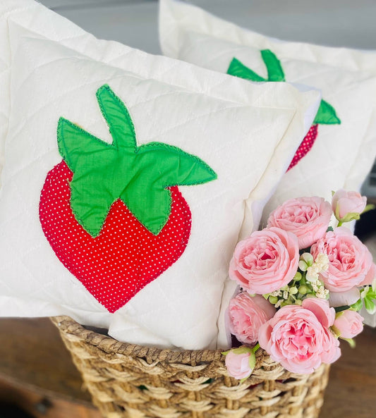 A Gnome on the Roam - Handcrafted Mini Upcycle Pillow Vintage Quilted Strawberry