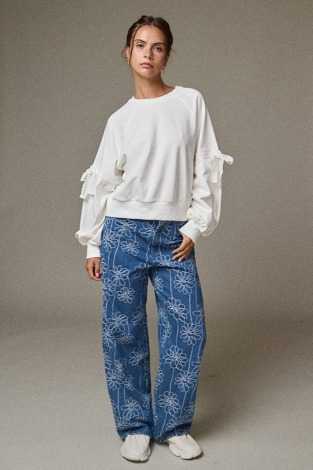 PT18996 - Bow Sleeve Sweatshirt- Lace Trim Detail