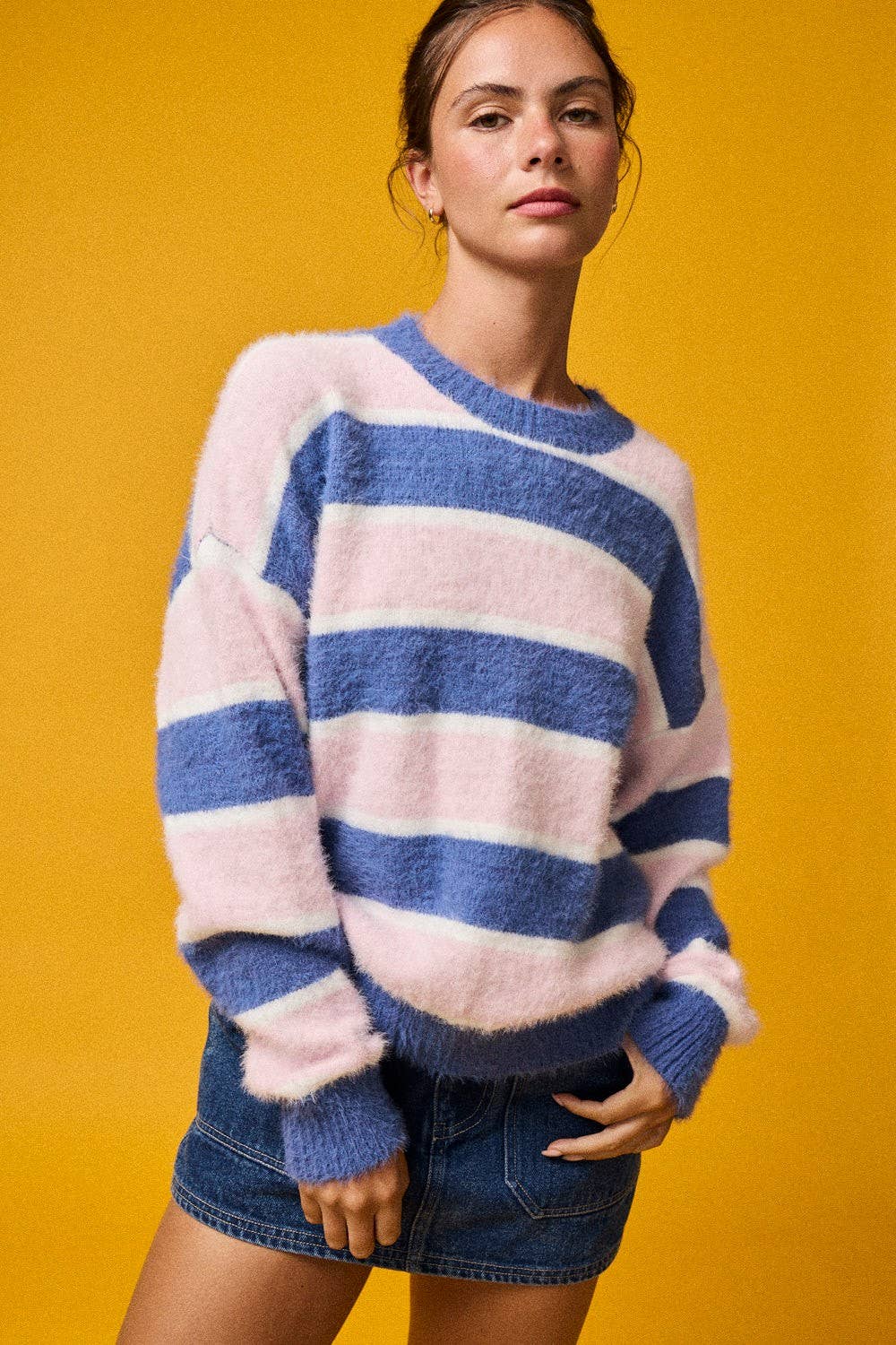 PT19021 - Loose Fit Striped Fuzzy Knit Sweater Top